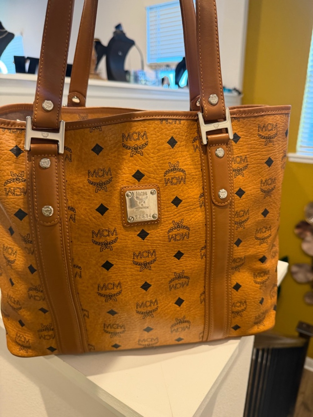 MCM Cognac Logo Visetos Tote with Brown Leather Trim